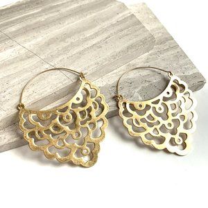 New~ Anthropologie Lace Cut Out Gold Hoop Earrings